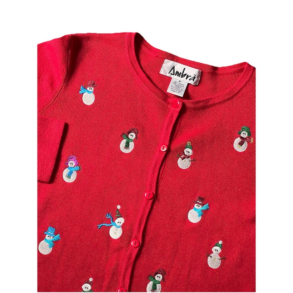 Vintage Ambra Christmas button ‎ cardigan sweater M Red Snowman Holiday Grandma